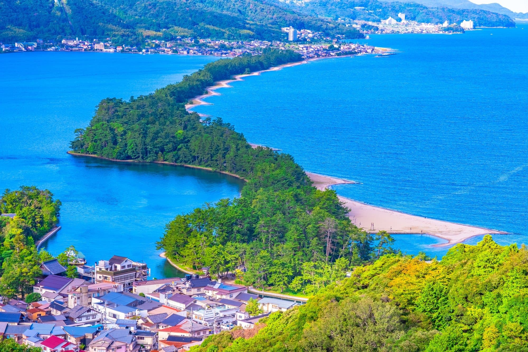 Amanohashidate's pine-covered sandbar from above